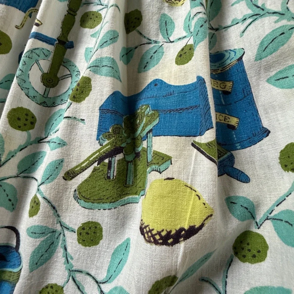 Vintage MCM Novelty Kitchen Print Half Apron Rick Rack Blue Green 1950s 60s